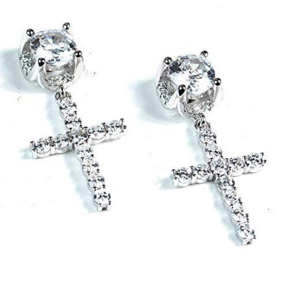 Mens Cross Drop Hanging Sterling Silver Cz Iced Stud Dangle Hoop Earrings - Picture 6 of 7
